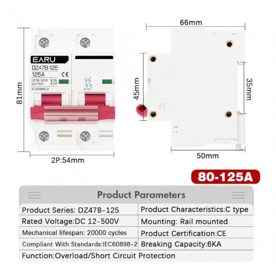 Автоматичен предпазител DC 2P 1000V EARU до 125А